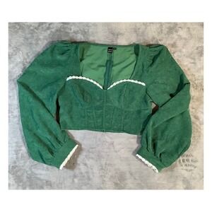 SHEIN MOD Green Corduroy Cropped Top Lace Trim Puff Sleeve L